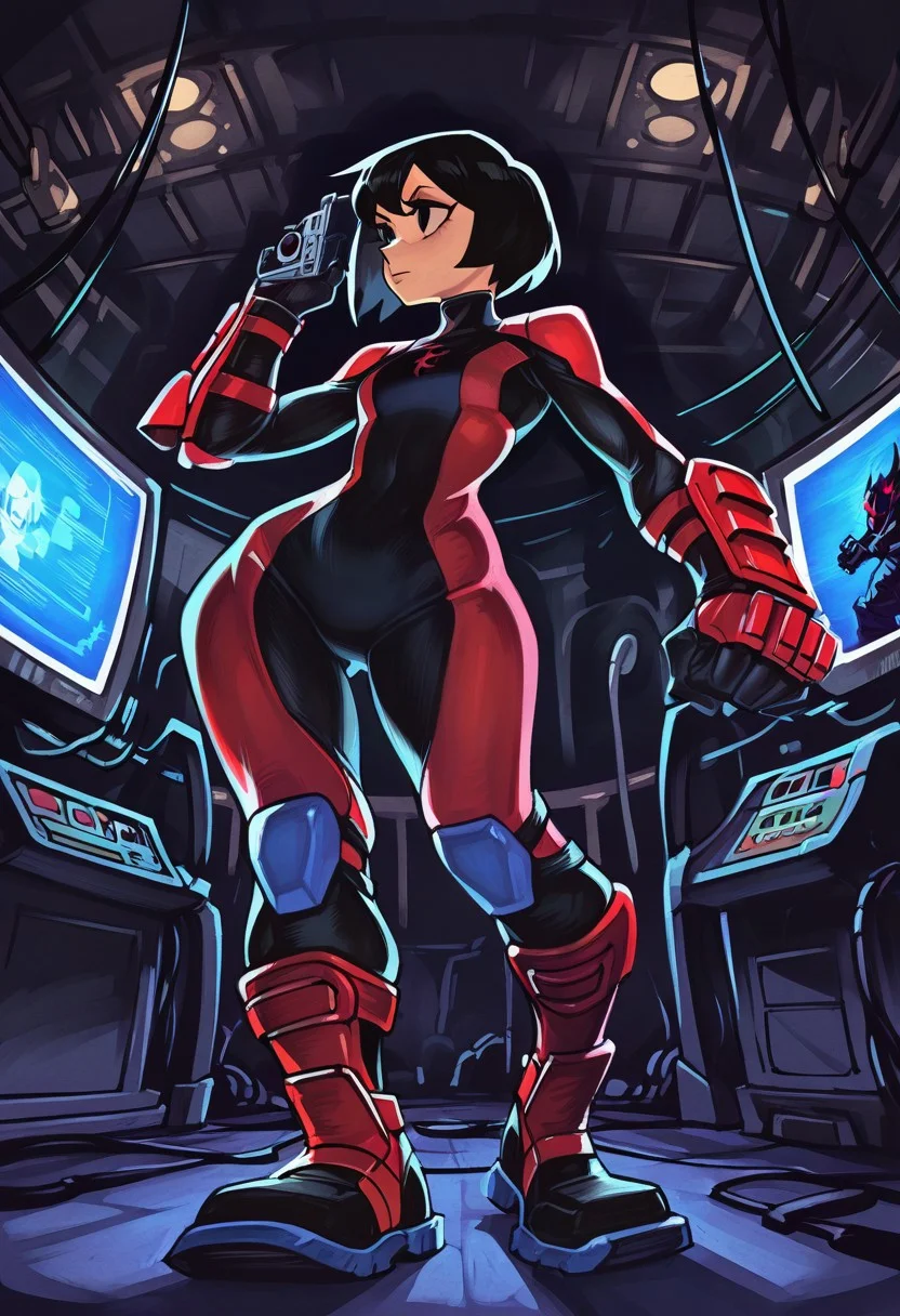 , masterpiece ,best quality, amazing quality,1male, , MII Brawler,video game character, black hair, black Eyes,short hair, petite body, wide hips, narrow waist,flat chest,standing,black shoes,solo,indoors, gay, dynamic perspective,cameras, lights,red fighting suit, fists up, low angle, looking away , photo studio, graphic screen, dynamic background, (dark shadows:1.1), (high contrast:1.1), volumetric lighting, (artist:bongfill:0.65)