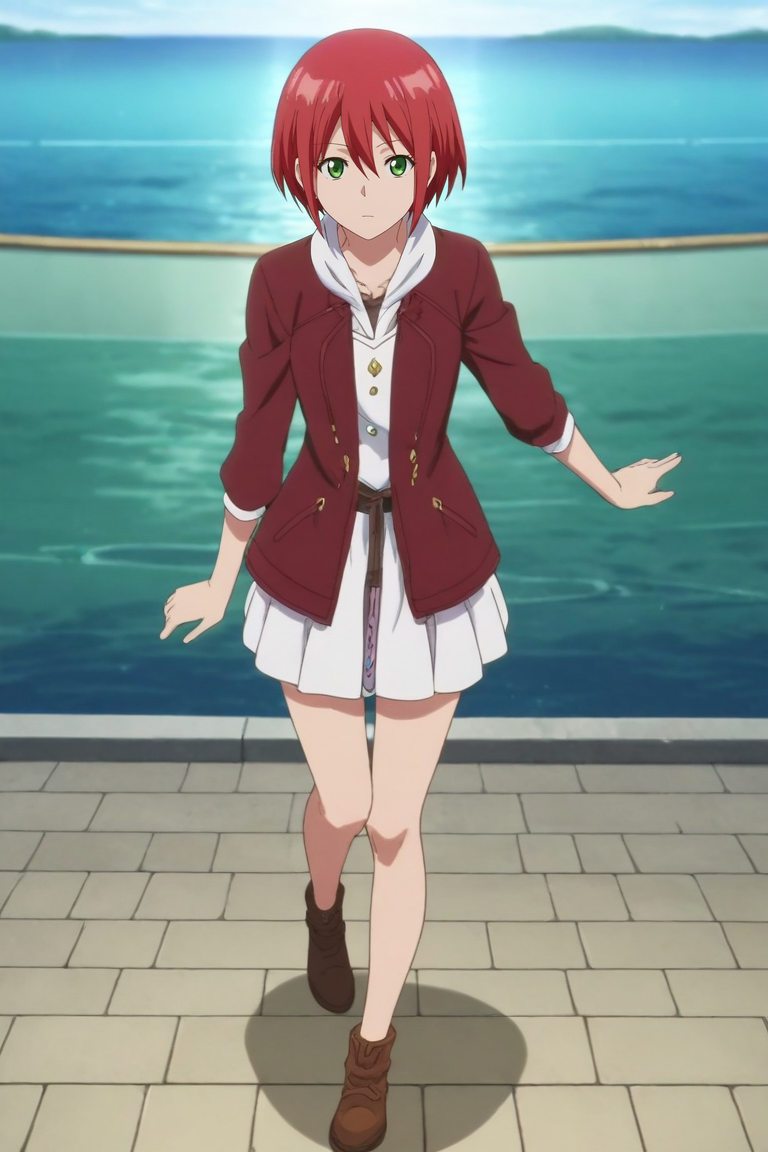 score_9, score_8_up, score_7_up, source_anime, rating_safe, intricate details, anime screencap, anime coloring, , looking at viewer, , 1girl, solo, <lora:shirayuki-hime_pony:0.74>, shirayuki-hime, red hair, green eyes, hair between eyes, short hair, symmetry, lake city, dusk, one leg up, squinting, , <lora:sdxl_lightning_8step_lora:1>