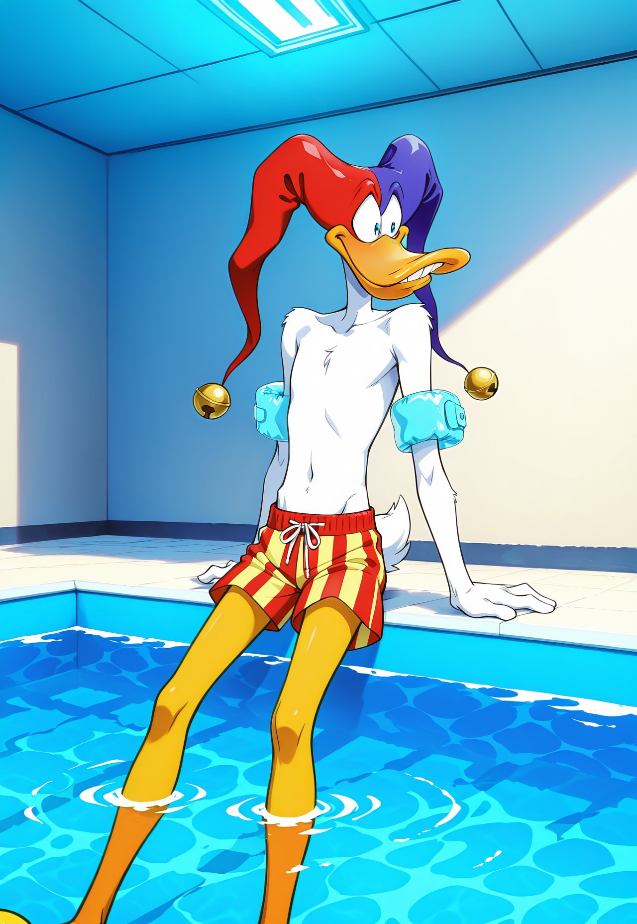 safe_pos, safe_pos, score_9, score_8_up, score_7_up, source_furry, happy, smile, 1boy, solo, no humans, furry male, furry, duck, quackerjack, jester cap, two-tone hat, hat bell, teeth, white feathers, white body, orange legs, naked, skinny, scut tail, ((swimming trunks, swim trunks, colorful trunks,)) inflatable armbands, no nipples, featureless crotch, featureless chest, no navel, water background, on water, inside pool, riding inflatable (yellow duck:1.2), fflix_rinfla