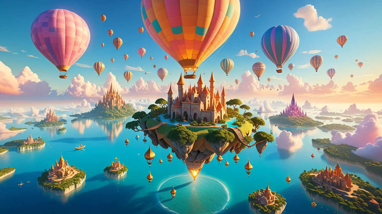 floating islands, gentle breezes, flying mysterious creatures, ethereal, sky-bound realms, golden hour, realistic, incredible, ultra-detailed, unique perspective, vibrant, pastel colors <lora:add-detail-xl:1>