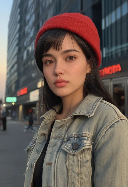 30yo woman posing for pic in front of tall building.
Small eyes. Brown eyes.
Wearing ripped Denim jacket red hat
no makeup. Clear skin. realistic skin style
Long dark black slick back hair. No makeup. Dusk, Street light. Looking at camera POV. Slight smile, tilting head.. Tilt head. Hands in head, face, lips.
Medium Close Up shot. Bokeh. Bokeh light.