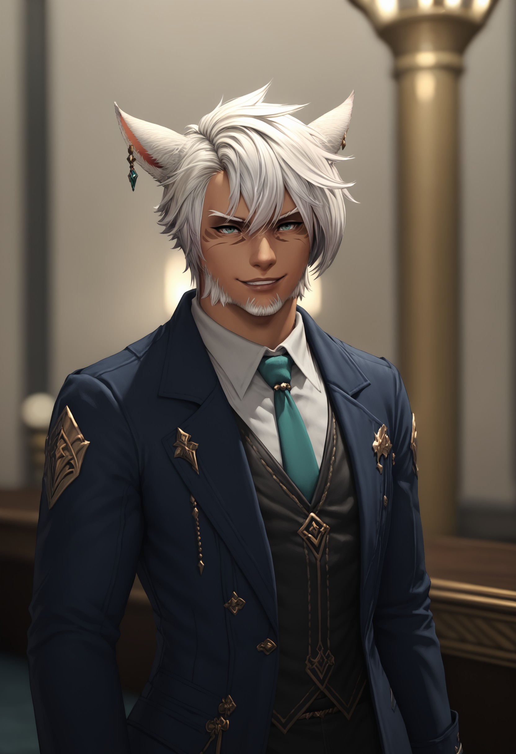 score_9, score_8_up, score_7_up, score_6_up, score_5_up, 3KK4T14, 1boy, animal ears, miqo'te, male focus, solo, facial hair, white hair, blurry background,  cat ears, dark-skinned male, dark skin, earrings, jewelry, beard, necktie, facial mark, short hair, indoors, hand out, smirk, smoldering expression, <lora:05b4ee60-e7e4-4acf-8aa7-d7a6dc9f4242:0.7>
