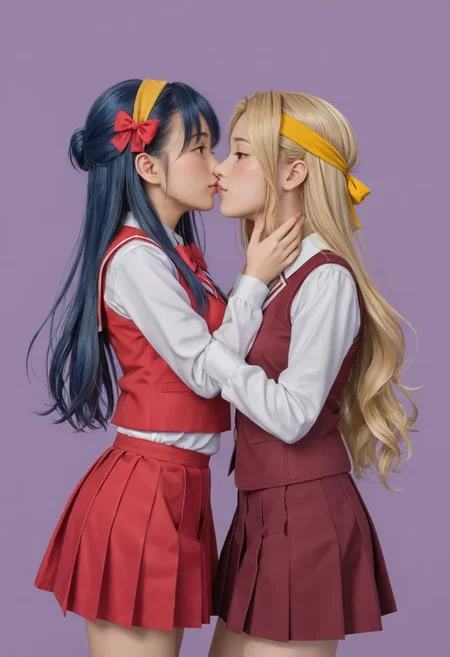 2girls,blonde hair,blue hair,blush,bow,eye contact,from side,hair bow,hairband,half updo,hand on another's chin,hand on another's face,headband,imminent kiss,long hair,long sleeves,looking at another,multiple girls,ototachibana academy school uniform,profile,puffy long sleeves,puffy sleeves,purple background,red bow,red skirt,red vest,school uniform,simple background,skirt,very long hair,vest,yellow headband,yuri,absurdres,highres