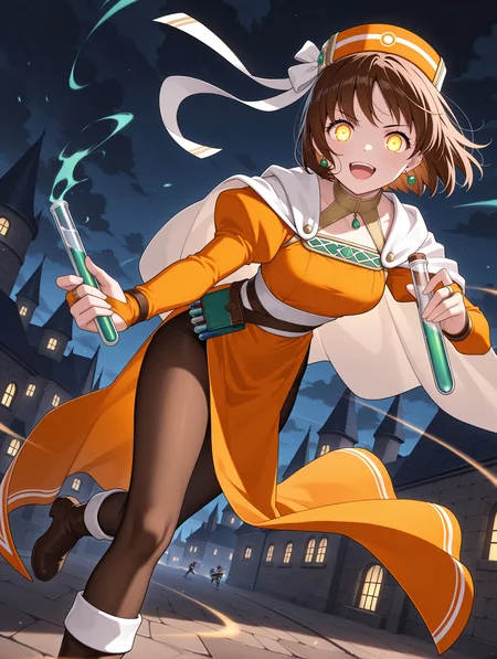 masterpiece,best quality,newest,
1girl,solo,
<lora:Elfir_Traum_ilxl_v1.2:1>,e_hat,elfir_traum,short hair,brown hair,brown eyes,e_clothes,bridal gauntlets,black_pantyhose,boots,
<lora:Fixhands_anime_bdsqlsz_V1:1>,dynamic_angle,cinematic_angle,glowing eyes,fighting_stance,fighting,night,darkness,(motion_blur:1.3),(motion line:1.2),(speed_lines:1.1),fighting_stance,aura effect,dark cloud,leaning_forward,running,pov,looking_at_viewer,front view,open mouth,laughing,bent over,looking ahead,thundercloud,fantasy,test tube,medieval style,castle,city,