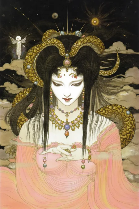amayo illustration.
A surreal and mystical illustration of a celestial goddess with flowing black hair adorned with golden serpents. Her pale, ethereal face has a calm, enigmatic expression, surrounded by dreamlike clouds. The serpents have intricate golden patterns, wrapping around her head and shoulders like living jewelry. Her delicate, flowing pink garment contrasts with the dark and mystical atmosphere. Ornate beads and celestial symbols decorate her hair, while a small, eerie spirit figure floats in the background. The style is detailed, combining traditional Japanese art with fantasy and mythological elements. <lora:amayo1_cap_d6a3e11:1.0><lora:827328774438650833:0>