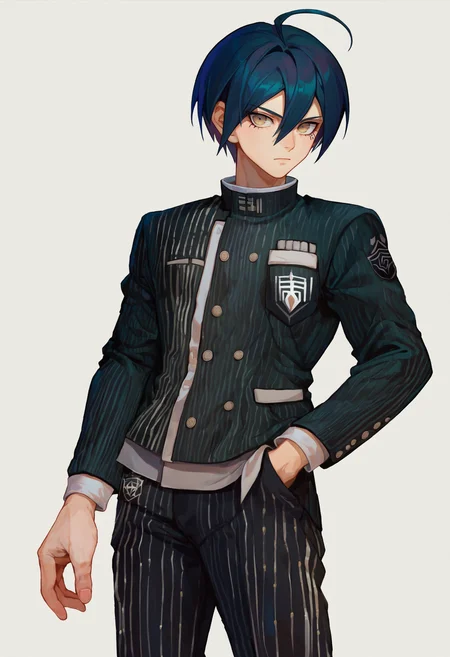 score_9_up score_8_up score_7_up, simple background, white background, looking at viewer, hands in pockets
BREAK
score_9_up score_8_up score_7_up, saihara shuichi default, 1boy, ahoge, short hair, bangs, black hair, hair between eyes, brown eyes, striped, pinstripe pattern, jacket, pants, black pants, long sleeves, black jacket, buttons, breast pocket
<lora:danganranpa_v3_pony_d16:1>