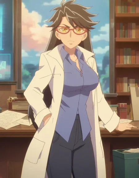 score_9, score_8_up, score_7_up, anime screencap, solo,1girl,gashuinsarena, labcoat, glasses, shirt, pants, looking at viewer, blue shirt, mole,large breasts,wide hip<lora:gashuinsarena_pony:0.8>