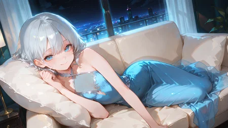 artist:, masterpiece, newest, very aesthetic, very awa, absurdres, highres, 1girl, detailed eye, small slim girl, disheveled silver-haired, blue eyes, halter dress, long dress, blue casual dress,see-through cleavage, reclining on cozy sofa, pillow, happiness, gentle smile, looking at viewer, night scene, window, curtain, city lights, dimmed environment lights, dutch angle, high angle shot, cowboy shot, close-up
