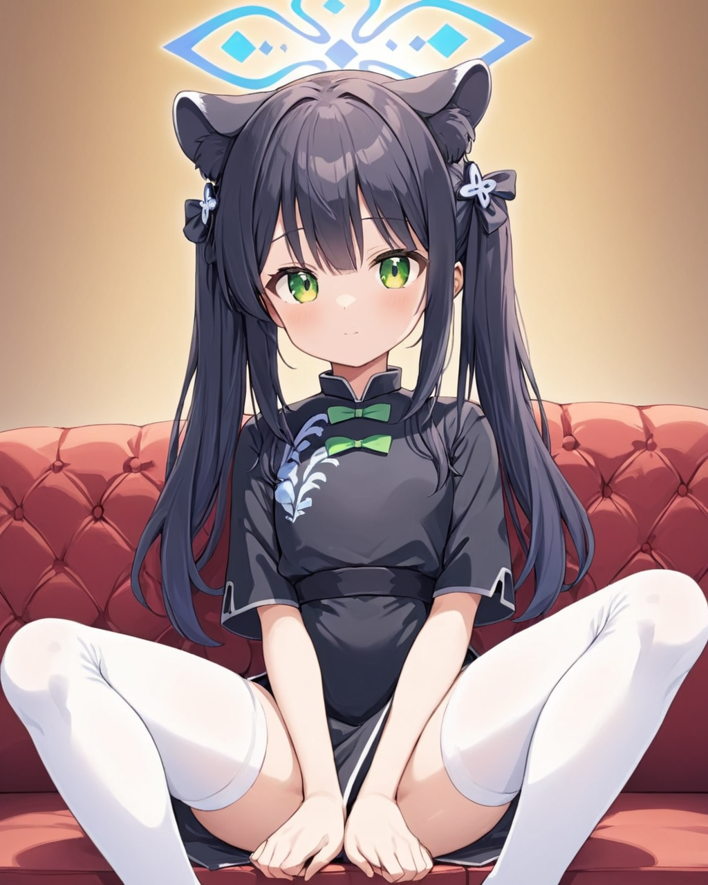shun \(blue archive\),1girl, solo, white_thighhighs, sitting, short_sleeves, china_dress, black_dress, no_shoes, twintails, hands_on_own_thighs, looking_at_viewer, tiger_girl, animal_ear_fluff, couch, halo
<lora:shun_(blue_archive)_image2057_2023-11-28-000010:1>halo. gorgeous,key visual, vibrant, studio anime,award-winning, professional, highly detailed,high budget, cinemascope