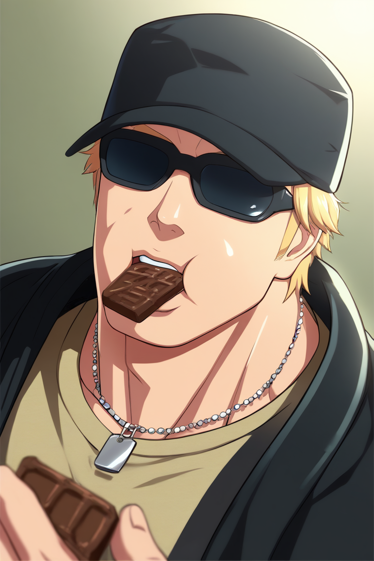 score_9, score_8_up, score_7_up, source_anime, rating_questionable, anime coloring, subsurface scattering, realistic shading, natural lighting, food theme, chocolate mark on mouth, eating, male focus, looking at viewer, expressive face, stillkof, black_stillkof_hat, blonde_stillkof_short hair, black_stillkof_sunglasses, 1boy, surprised, puffed cheeks, cute face, shiny skin, medium shot, wealthy clothes, necklace, shirt, from above, dutch angle, dynamic angle, intricately detailed illustration, depth of field, atmospheric perspective, masterpiece, best quality, amazing quality, very aesthetic, absurdres, newest, anime screencap