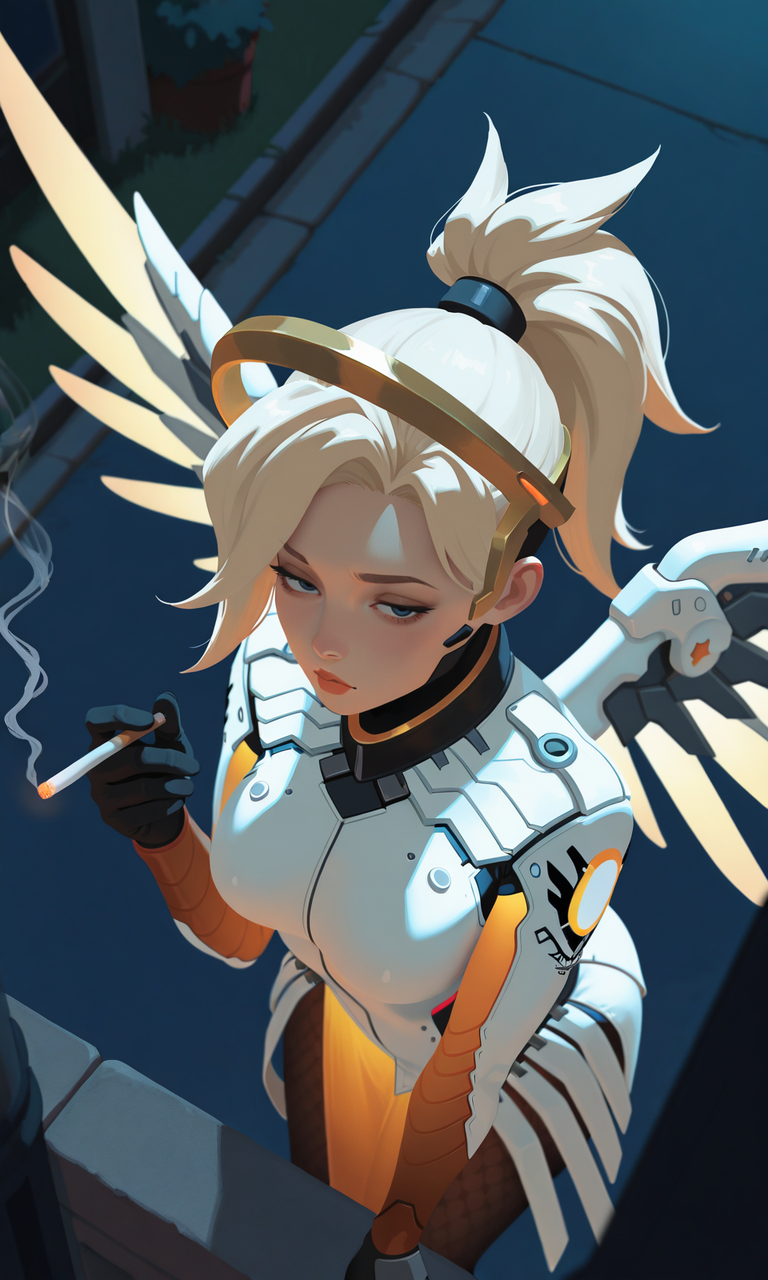 embedding:IllusP0s, g00se, no lineart, mercy_\(overwatch\), headpiece, white bodysuit, smoking cigarette, contrast lighting, outdoors, night, looking at viewer, from above, half-closed eyes, wings,<lora:g00se_v3_ill.safetensors:1.1:1.1>