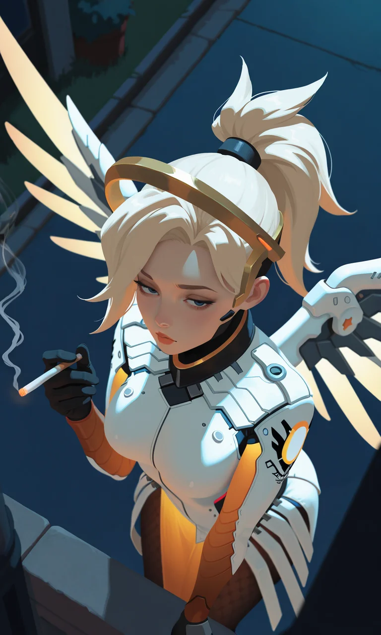 embedding:IllusP0s, g00se, no lineart, mercy_\(overwatch\), headpiece, white bodysuit, smoking cigarette, contrast lighting, outdoors, night, looking at viewer, from above, half-closed eyes, wings,<lora:g00se_v3_ill.safetensors:1.1:1.1>