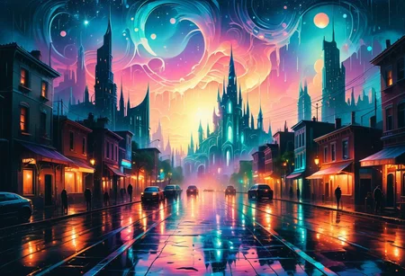 A magical cityscape at dusk, where glowing lights from distant towers reflect on shimmering rain-soaked streets, blending soft pastel tones with bold celestial gradients in a cinematic fusion of RHADS and Alena Aenami's artistic visions.