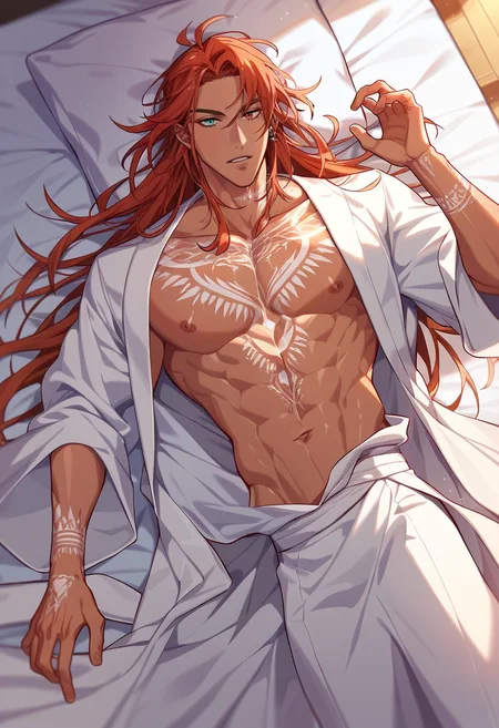 score_9,score_8_up,score_7_up,1boy,solo,yaoi,bara,male focus,fairly nsfw,uncersored,highres,best quality,amazing quality,best aesthetic,absurdres,<lora:add-detail-xl:1>,<lora:dante:0.7>,dante,long hair,dark skin,tattoo,heterochromia,white robe,open clothes, looking at viewer, from above, on back,on bed,parted lips, morning, sunlight,