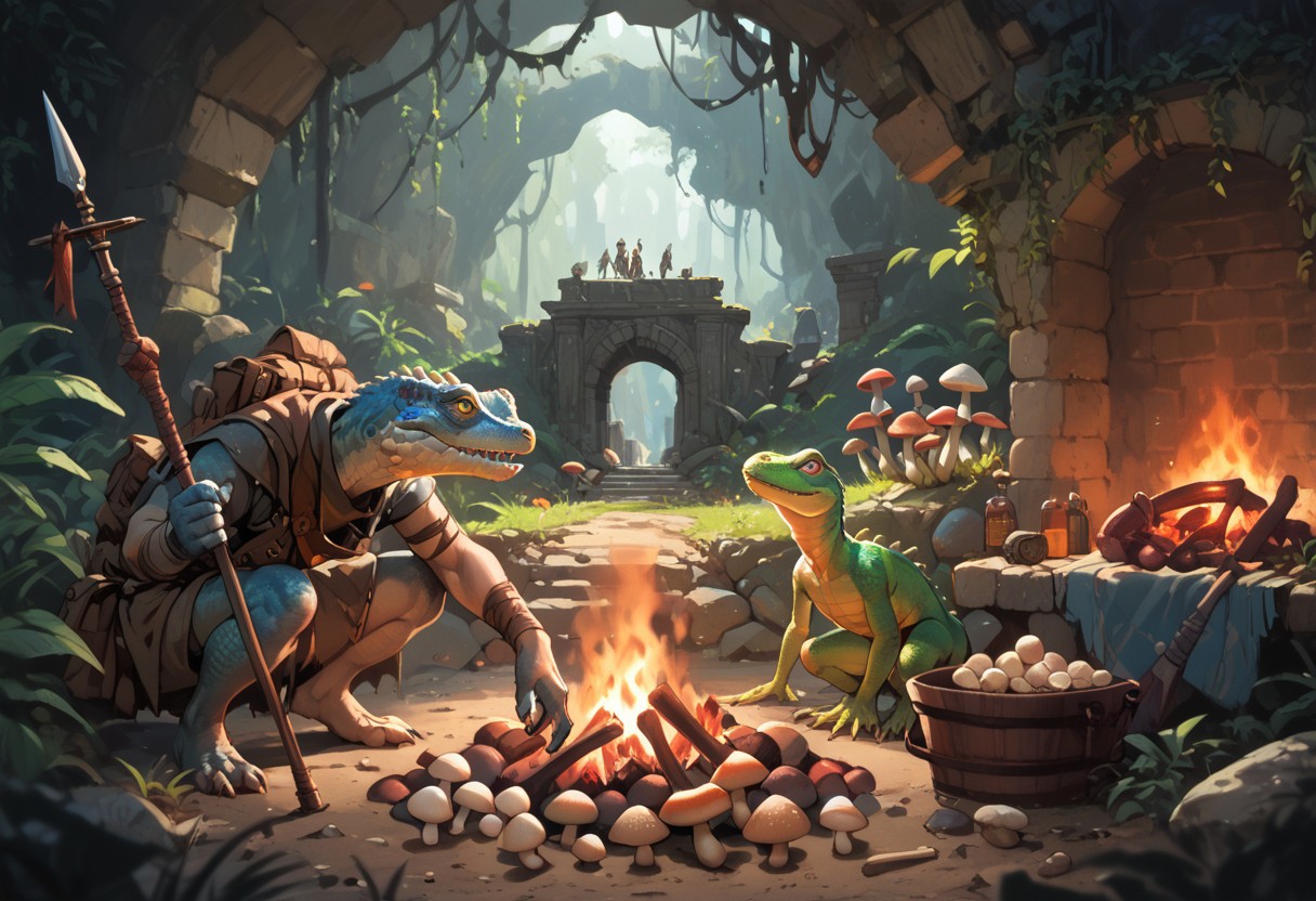 score_9, score_8_up, score_7_up, score_6_up,  , Th1sUs3rrealistic,  (score_9, score_8_up:1.1), score_7_up, kobolds, kobolds camp, fireplace, rudimentary hutts, inside a cave, lizard pets, multiple kobolds, spears, food, mushrooms. ancient ruins