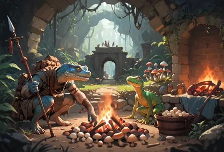 score_9, score_8_up, score_7_up, score_6_up,  , Th1sUs3rrealistic,  (score_9, score_8_up:1.1), score_7_up, kobolds, kobolds camp, fireplace, rudimentary hutts, inside a cave, lizard pets, multiple kobolds, spears, food, mushrooms. ancient ruins