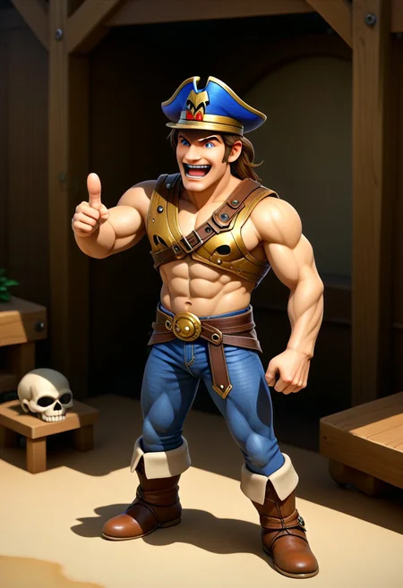 score_9, score_8_up, score_7_up, score_6_up, mariorpgstyle, 1boy, male, muscular, (full body view:2), simon belmont, simonbel, abs, sleeveless blue coat, shirtless, blue pirate hat, denim jeans, leather boots, sunny, blue skies, on ship, leg rest, hand on hip, pointing hand, smile, teeth, skull print, view from the side