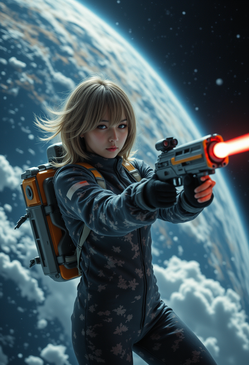 She is approximately 18 years old, dynamic angles,photoshoot poses, The image shows a young woman in a space suit, holding a futuristic laser gun. She is flying in front of a vast expanse of space, the Earth is  visible in the background. The woman has shoulder-length blonde hair and is looking directly at the camera with a serious expression on her face. she is wearing an futuristic space helmet. She has a futuristic backpack on her back, it's glowing.  The sky is dark and cloudy, with a bright light shining down on the woman. she is firing her laser gun at an unseen enemy, The overall mood of the image is intense and dramatic,RAW candid cinema,16mm,color graded portra 400 film,remarkable color,ultra realistic,textured skin,remarkable detailed pupils,realistic dull skin noise,visible skin detail,skin fuzz,dry skin,shot with cinematic camera,detailed skin texture,(blush:0.2),(goosebumps:0.3),subsurface scattering,beautiful photograph in the style of Augustus John,Sergio Toppi,Virginia Frances Sterrett,8k HD,detailed skin texture,ultra realistic,textured skin,analog raw photo,cinematic grain,whimsical.perfection style,aidmafluxpro1.1, she is smiling, smiling