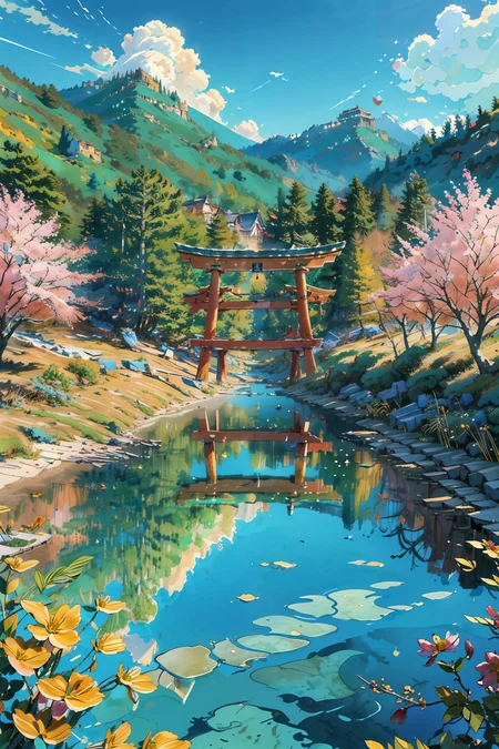 (masterpiece:1.3),(best quality:1.3),highres,vivid colors,ultra-detailed,masterpiece,extremely detailed CG unity 8k wallpaper,best quality,absolutely magical world,s,scenery,style-sylvamagic,<lora:Detailed_Places_R-128_v1:0.7>,scenery,outdoors,torii,reflection,shrine,real world location,blue sky,mountain,