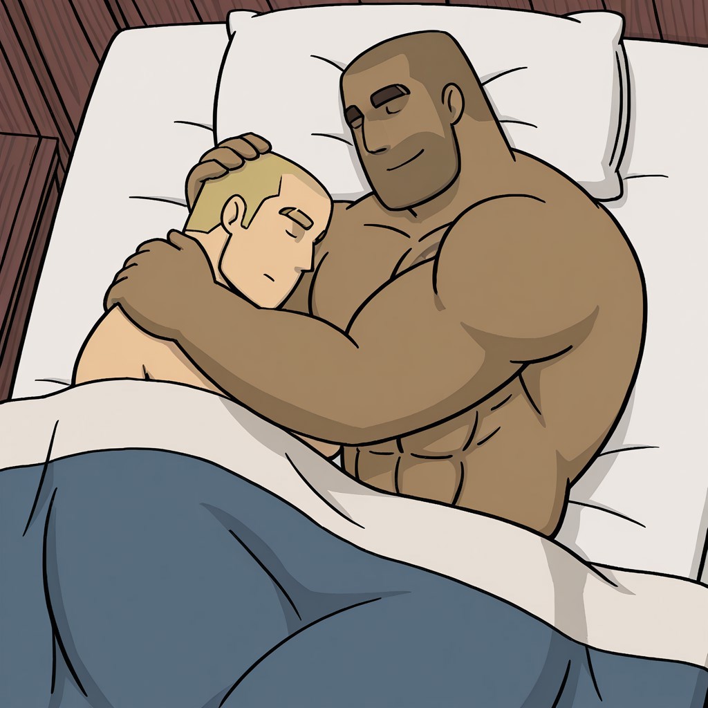 2men, 1man, BetonRMA, bald, dark skin, pectorals, abs, muscular, 1boy, bara, male focus, black dot eyes, BREAK, Beton, smile, hugging man, top role, on bed Break, (1 Slim boy, shaved, short blonde hair), eyes closed, sleeping, bottom rol, BREAK barracks background, bed mattress, covers, blankets, laying on side, (weight difference:1.1), , BREAK, creative,