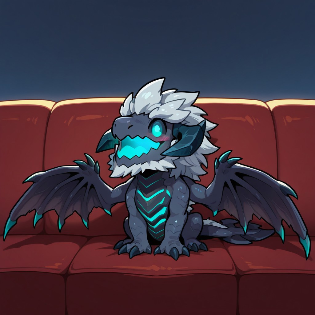 masterpiece,best quality,amazing quality, BREAK, (solo), male, dragon
, elder_dragon, low horns, upper body, wings, claws, happy, 
full body, 
wings out of frame, 
blue sky , (glowing eyes:0.6),
wavy_mouth, (blush:0.7), (chibi), sitting on the sofa, glowing striped torso, blue glowing striped torso, blue glowing eyes, glowing mouth,