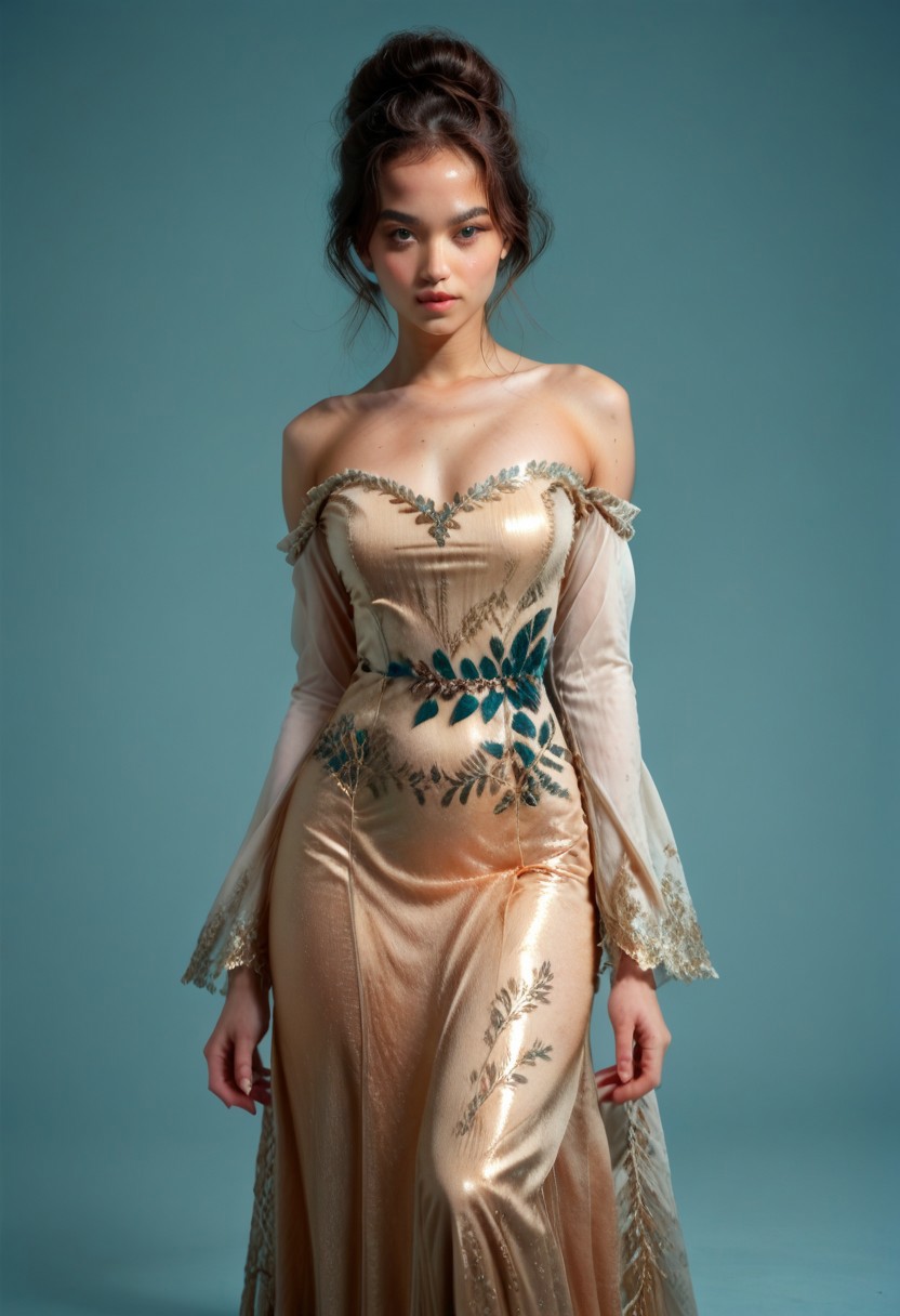 score_9, score_8_up, score_7_up, kebaya dress (long dress, skin tight, strapless, off shoulder, luxurious design, red color),
pureerosface_v1, JDMAI_KEBAYA, JDMAI_ARIEL_SARI, 
(dynamic lighting), (dynamic shadow), 4k, HD, Hi res, cinematic masterpiece, photographic masterpieces, epiCPhoto,
Neat hair bun, professional makeup, side view, 
Portrait, upper body, alluring pose, confident facial expression, 
(simple turquoise background), (blurry background), (sharp focus on object),