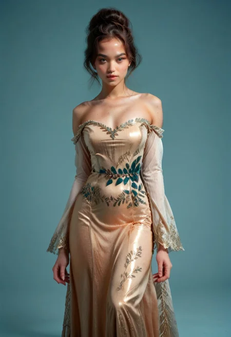 score_9, score_8_up, score_7_up, kebaya dress (long dress, skin tight, strapless, off shoulder, luxurious design, red color),
pureerosface_v1, JDMAI_KEBAYA, JDMAI_ARIEL_SARI,
(dynamic lighting), (dynamic shadow), 4k, HD, Hi res, cinematic masterpiece, photographic masterpieces, epiCPhoto,
Neat hair bun, professional makeup, side view,
Portrait, upper body, alluring pose, confident facial expression,
(simple turquoise background), (blurry background), (sharp focus on object),