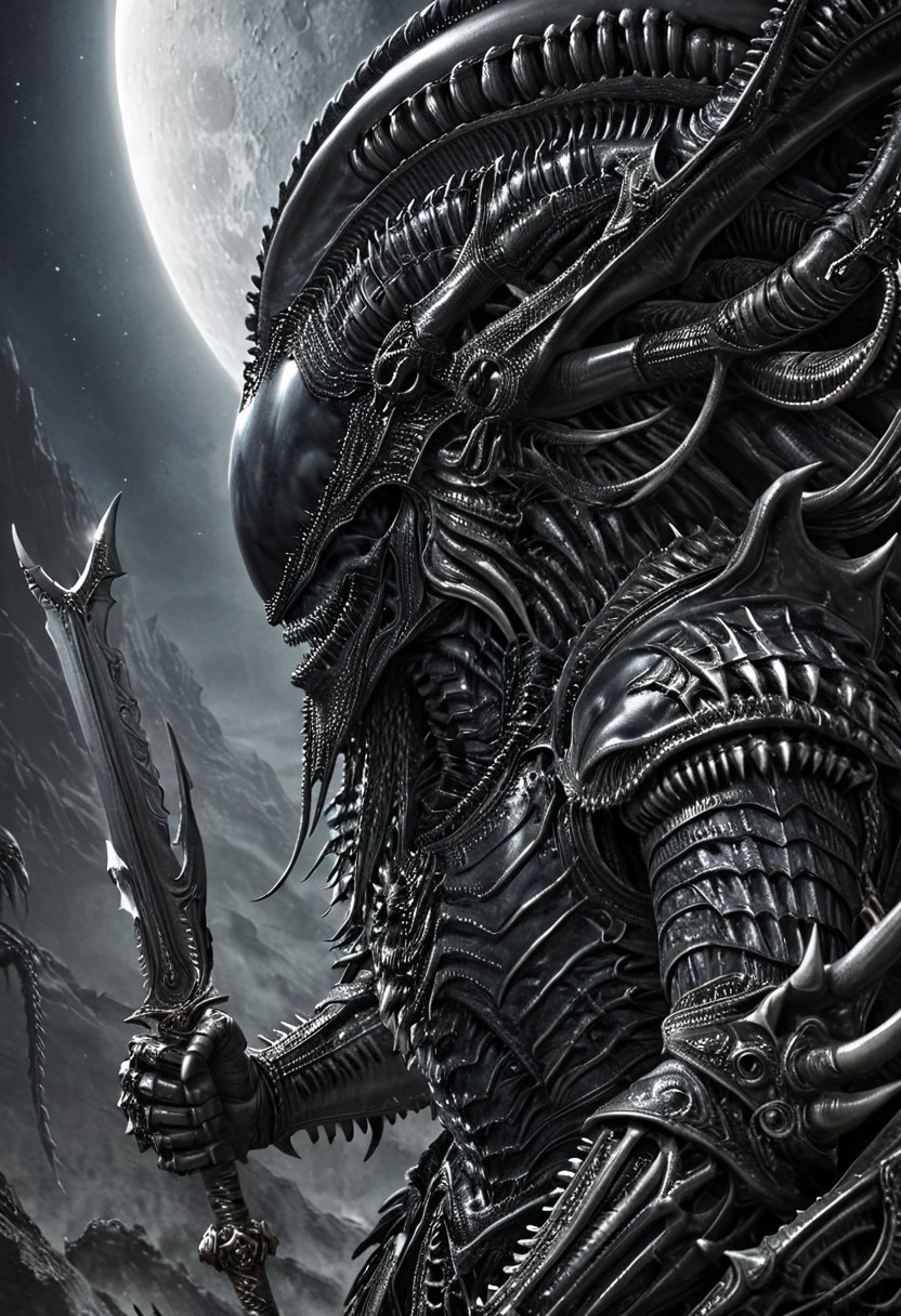 A closeup of fantastical image of a Xenomorph knight, clad in flowing, flowing robes, wielding an ornate, ornate blade. they wield the sword in a fluid, dynamic motion. The moon's reflection highlights their magical power, solo, wide angle, art by hr giger