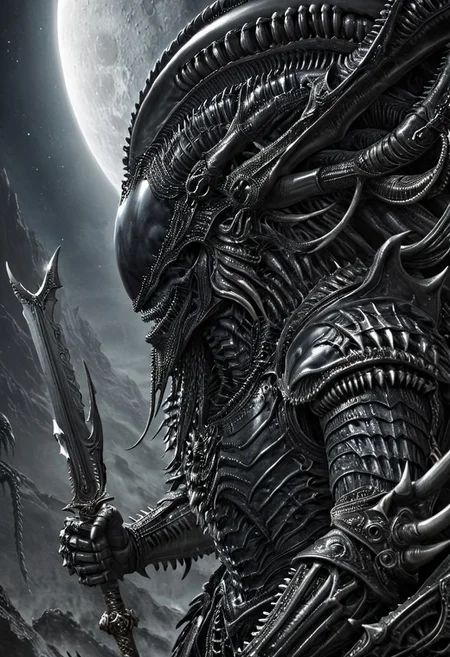 A closeup of fantastical image of a Xenomorph knight, clad in flowing, flowing robes, wielding an ornate, ornate blade. they wield the sword in a fluid, dynamic motion. The moon's reflection highlights their magical power, solo, wide angle, art by hr giger