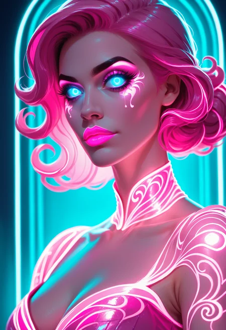 (score_9_up, score_8_up), score_7_up, upper body portrait, 1girl, glowing neon pink dress, glowing neon pink lipstick, glowing makeup, rating_safe, <lora:lukethighwalkerneonponyv4:0.4>