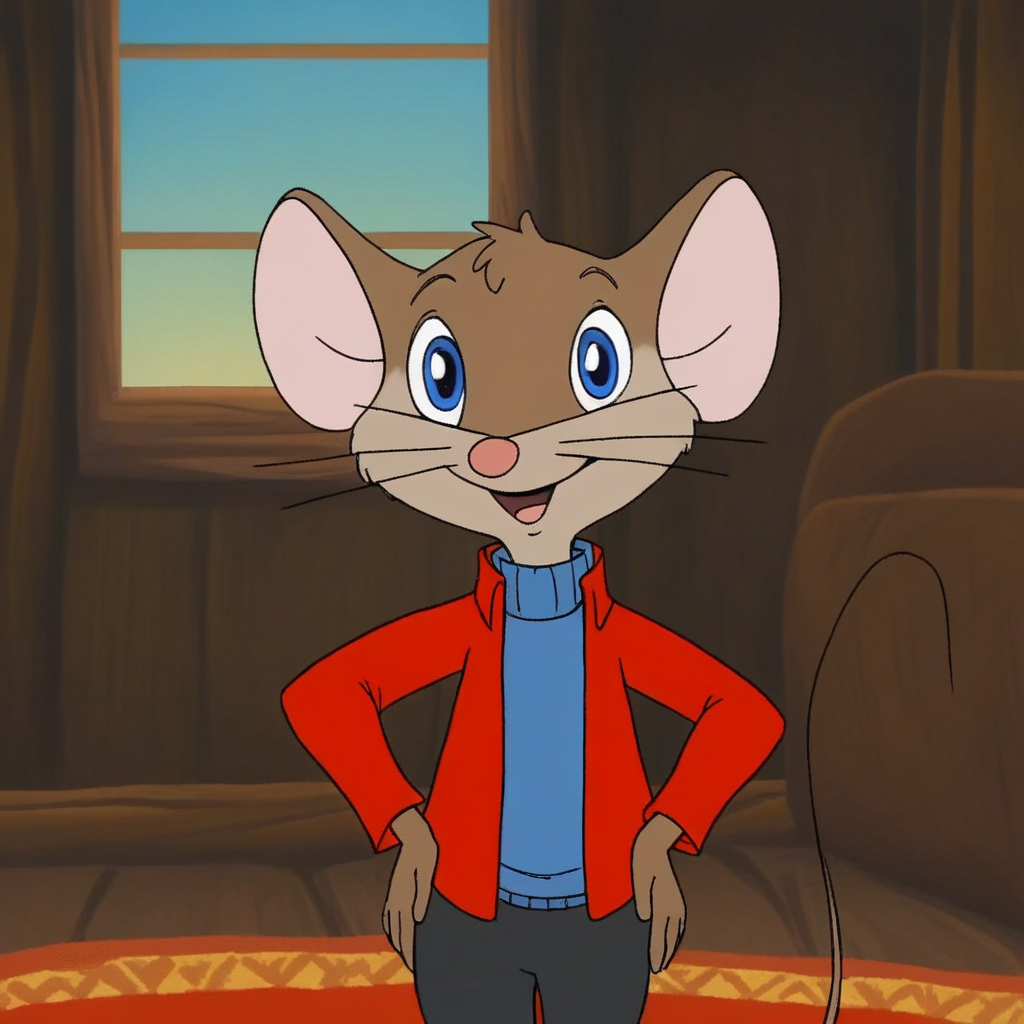 source_cartoon, 1boy, eckhartmouse, solo, semi-anthro, mouse, brown fur, whiskers, blue eyes, red jacket, blue turtleneck sweater, black short pants, looking at viewer, smile, opened mouth, hands on hip, carpet, window, small table, indoors