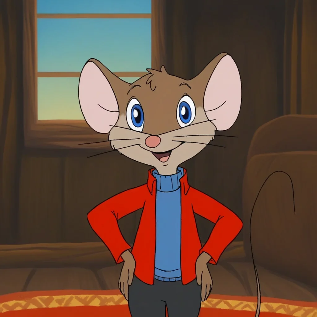 source_cartoon, 1boy, eckhartmouse, solo, semi-anthro, mouse, brown fur, whiskers, blue eyes, red jacket, blue turtleneck sweater, black short pants, looking at viewer, smile, opened mouth, hands on hip, carpet, window, small table, indoors