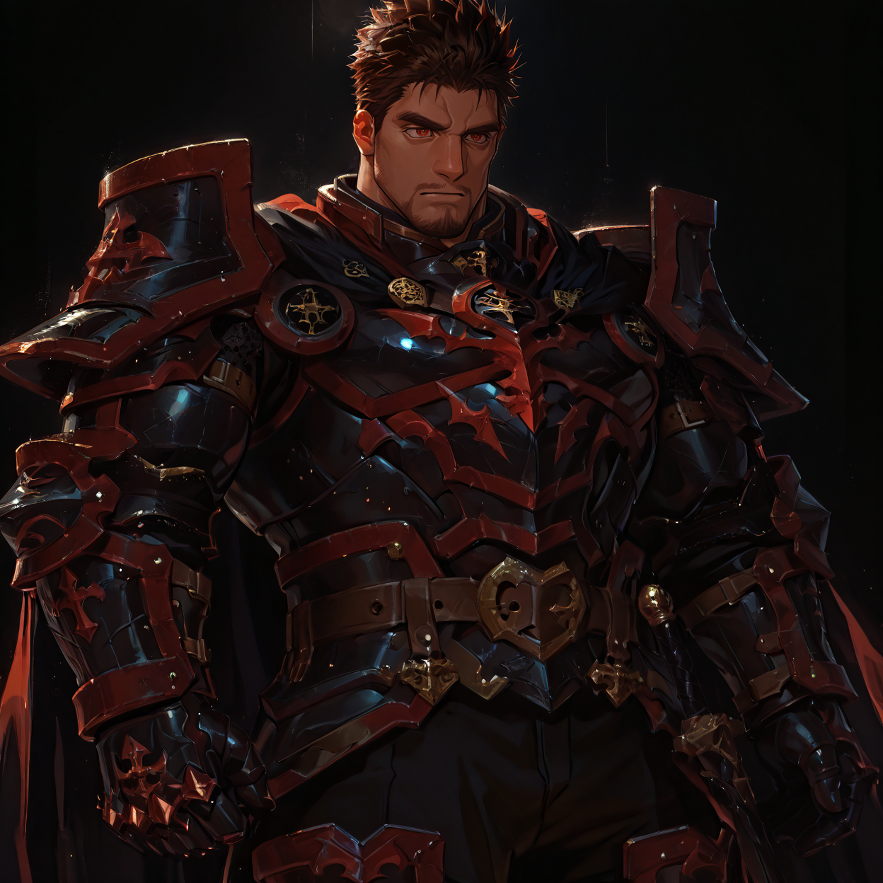 <lora:Orion__Alchemist_Code-000004:.7>, tagatameorion, orion_brunette, orion_red eyes, 1boy, spiked hair, goatee, solo, male focus, manly, mature male, bara, muscular male, cape, armor, breastplate, gauntlets, boots, belt, demon (symbol)
{upper body|cowboy shot}, 
(very short hair), male focus, muscular male, large pectorals, muscular male, bara, mature, (hairy body, hairy, body hair, arm hair, leg hair, hairy body, glossy skin, bara, mature, facial hair, beard, full beard, sideburn, mustache, stubble), facial hair, bara, mature, body hair, aixiwuganda_(20222192), very awa, masterpiece, best quality, absurdres, newest, perfect quality, detailed background, intricate details,<lora:slider_Body Type_alpha1.0_rank4_noxattn_last:2><lora:Anime Summer Days 2 Style SDXL_LoRA_Pony Diffusion V6 XL:.6><lora:merged:.7>, DARK, DARK BACKGROUND, LOW-KEY LIGHTING <lora:slider_cfg_scale_boost:.7><lora:Artist6p:.55>, Artist6p, Artist04p,<lora:slider_il_brightness_slider_d1:-.5><lora:slider_il_contrast_slider_d1:-.25>,<lora:slider_contract_controller_illus01_v1:.3>, <lora:addon_illustriousXLv01_stabilizer_v1.121:.5>,<lora:slider_DarkSlider1.2_alpha1.0_rank16_full_300steps:-.2><lora:Heavenly_Beauty_r1:1>, (heavenlybeauty,)<lora:slider_style_strength_controller_illus01_v1:.25>