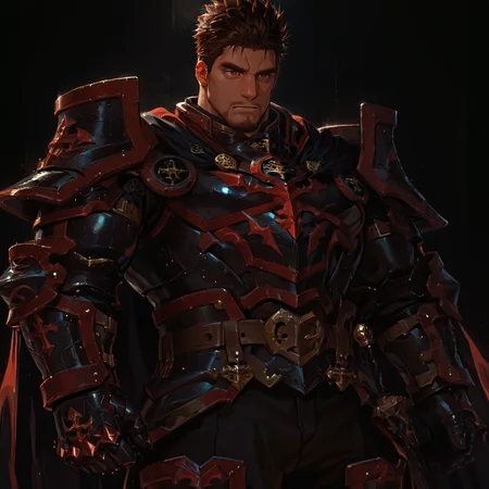 <lora:Orion__Alchemist_Code-000004:.7>, tagatameorion, orion_brunette, orion_red eyes, 1boy, spiked hair, goatee, solo, male focus, manly, mature male, bara, muscular male, cape, armor, breastplate, gauntlets, boots, belt, demon (symbol)
{upper body|cowboy shot}, 
(very short hair), male focus, muscular male, large pectorals, muscular male, bara, mature, (hairy body, hairy, body hair, arm hair, leg hair, hairy body, glossy skin, bara, mature, facial hair, beard, full beard, sideburn, mustache, stubble), facial hair, bara, mature, body hair, aixiwuganda_(20222192), very awa, masterpiece, best quality, absurdres, newest, perfect quality, detailed background, intricate details,<lora:slider_Body Type_alpha1.0_rank4_noxattn_last:2><lora:Anime Summer Days 2 Style SDXL_LoRA_Pony Diffusion V6 XL:.6><lora:merged:.7>, DARK, DARK BACKGROUND, LOW-KEY LIGHTING <lora:slider_cfg_scale_boost:.7><lora:Artist6p:.55>, Artist6p, Artist04p,<lora:slider_il_brightness_slider_d1:-.5><lora:slider_il_contrast_slider_d1:-.25>,<lora:slider_contract_controller_illus01_v1:.3>, <lora:addon_illustriousXLv01_stabilizer_v1.121:.5>,<lora:slider_DarkSlider1.2_alpha1.0_rank16_full_300steps:-.2><lora:Heavenly_Beauty_r1:1>, (heavenlybeauty,)<lora:slider_style_strength_controller_illus01_v1:.25>