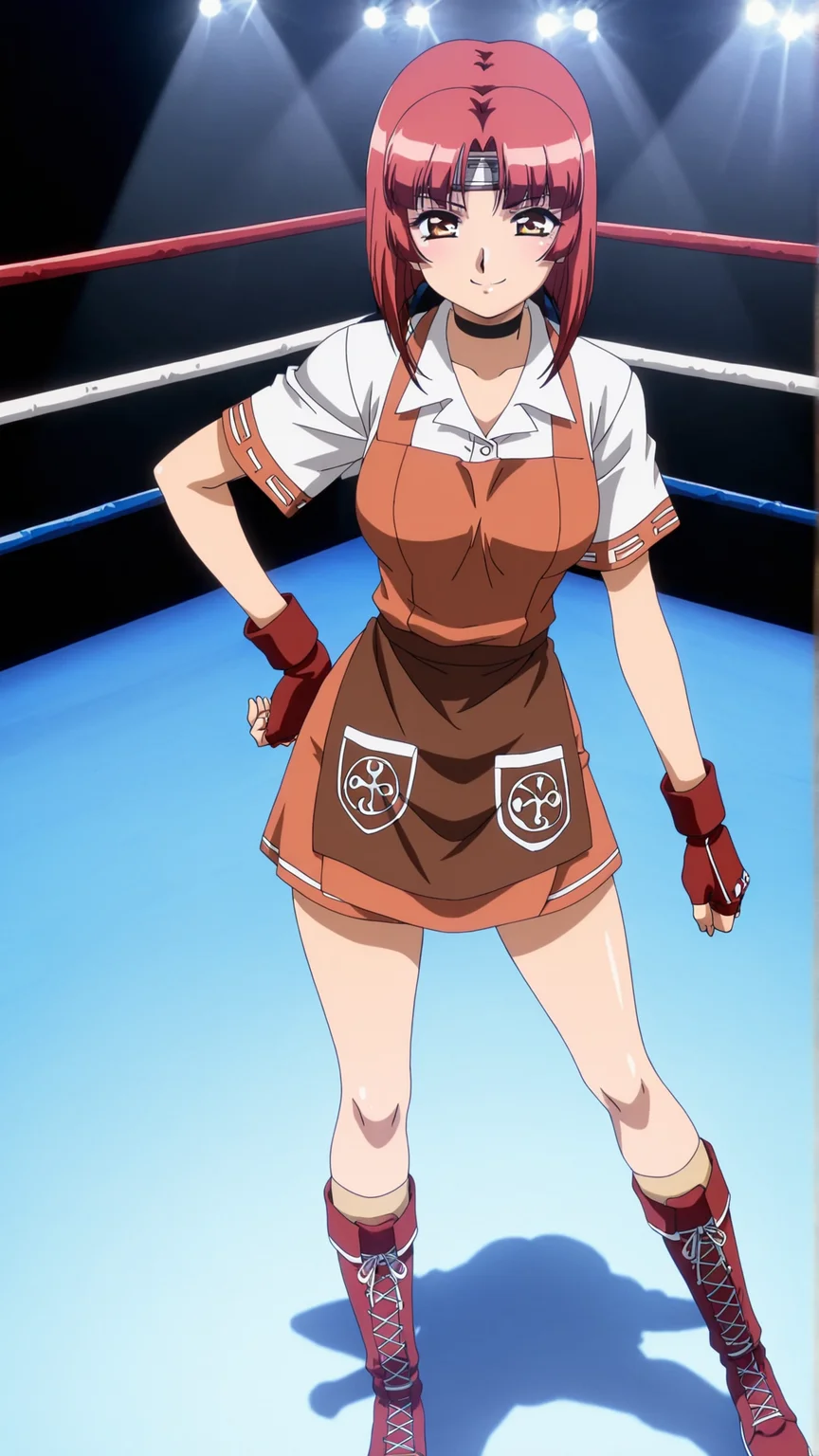 masterpiece, best quality, anime coloring, wrestling ring, spotlight,
1girl,solo,smile
<lora:Chiho-Masuda_lL_v01:1> chiho-masuda, headband, fingerless gloves, collared shirt, boots, black choker, brown apron, short sleeves