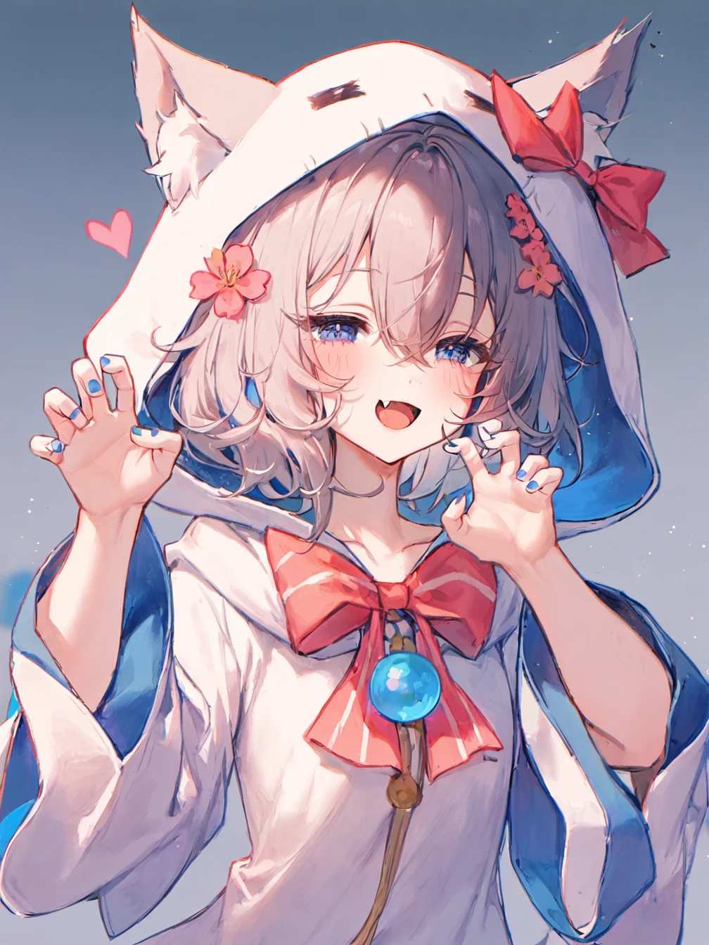 1girl,cherry blossoms,hair flower,hair ribbon,cat ears,animal ear fluff,blue eyes,grey hair,short hair,bangs,hair between eyes,eyebrows visible through hair,blush,open mouth,light smile,flat chest,white jacket,hooded jacket,hood,animal hood,wide sleeves,blue nail polish,half-closed eyes,
bow,heart,hood up,hands up,claw pose,looking at viewer,fang,
simple background,white background,
upper body,
<lora:ag31-matchach_1-000036:1>,