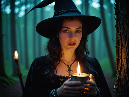 this Technicolor filmstill was shot with a 35mm Arriflex camera and an Angenieux 25-250mm f/3.2 lens. it shows a breathtakingly cute 25-year-old witch immersed in a mystical ambiance at night. She exudes dark power and allure while holding a candle in a medieval forest. The witch captivates with her mesmerizing eyes and irresistible aura, creating a scene brimming with enchantment and mystery.