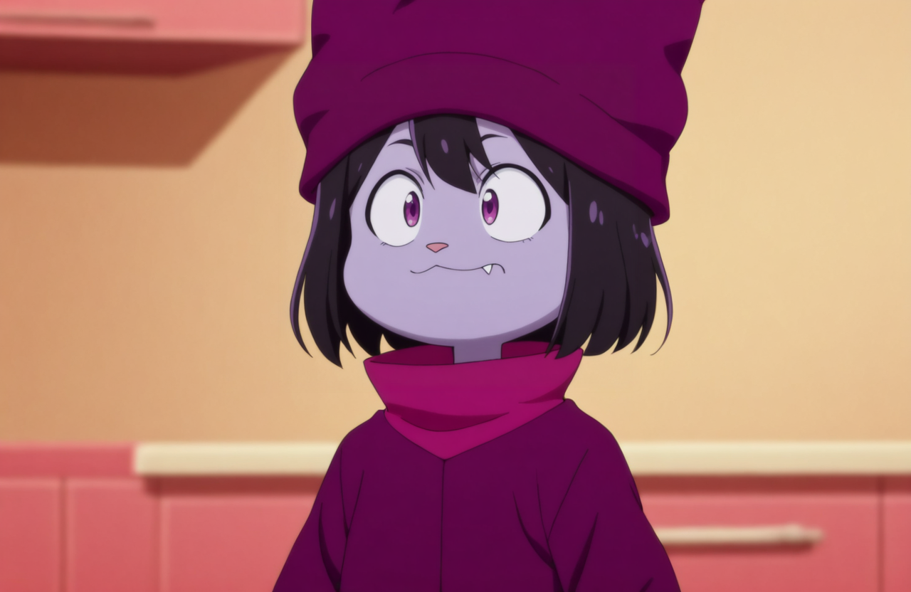 masterpiece, high quality, best quality, newest, portrait, chwdr, 1girl, black hair, short hair, kitchen, animal nose, fang, purple skin, beanie, purple coat, purple eyes, cowboy shot, skinny, facing viewer, <lora:ChowderNEWIlluV1:1>  <lora:anime_screencap-Illustrious:1> anime screencap, anime coloring
