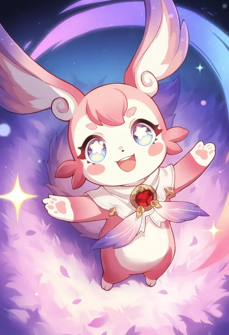 masterpiece,best quality,amazing quality,very aesthetic,high resolution,ultra-detailed,absurdres,highres,newest,
MIMI_HSR,blue eyes,solo,simple background,full body,pink fur,standing,smile,looking at viewer,star-shaped pupils,:3,white pupil,white_background,in a meadow,outdoors,from_above,looking up,flying,arms up,upper teeth only,open mouth,<lora:MIMI_HSR-000046:1>