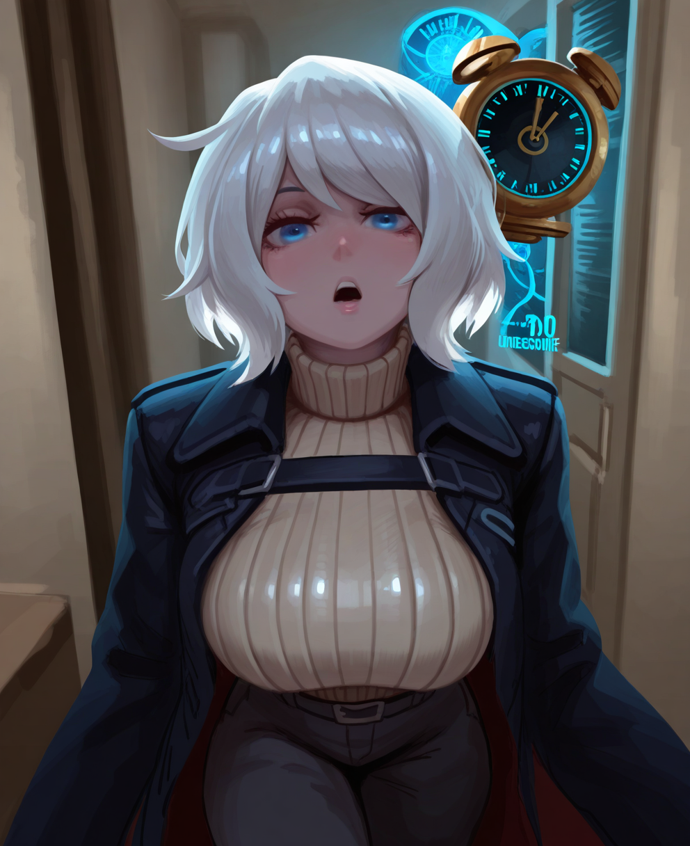 <lora:dudeunderscore:1> dudeunderscore,
(masterpiece), (best quality), (ultra-detailed), amazing quality, very aesthetic, illustration, perfect composition, intricate details, absurdres, incredibly absurdres, shiny skin, realistic,
 dudeunderscore, object head, 1girl, white hair, blue eyes, clock, sweater, turtleneck sweater, breasts, large breasts, ribbed sweater, turtleneck, , open mouth, 1other, looking at viewer, coat, general