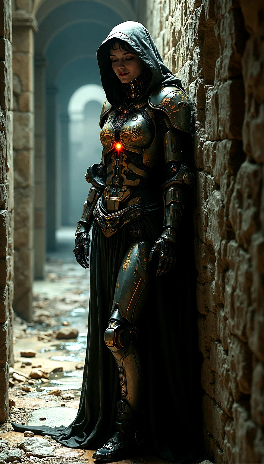 A cybernetic mystic, her face split between robotic and human features, stands in an ancient, shadowed corridor. She smiles with a glowing red eye, her hooded cloak adorned with golden circuitry patterns. Her armor, a blend of metal and glowing runes, suggests a perfect fusion of magic and technology. The digital artwork is a masterpiece of extreme realism, with perfect illumination, high contrast, and intricate, textured details.
Small pieces of debris scattered across the floor, such as broken tiles, stones, and remnants of past inhabitants.Puddles of water on the uneven floor, reflecting the faint light and adding a sense of dampness.Ornate mosaic patterns on the floor, worn and faded with age but still hinting at past glory. Occasional glimpses of the outside world through cracks or openings, showing distant landscapes or skies.
The character’s eyes are half-closed, with a slow, seductive smile forming on their lips. The head is slightly tilted to one side.Leaning against a wall with one foot propped up, arms crossed over the chest.
