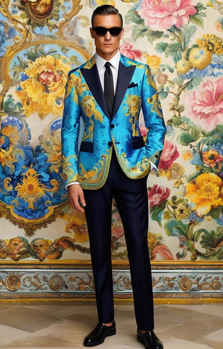 masterpiece,best quality,<lora:tbh361-sdxl:0.6>,illustration,style of Stefano Gabbana, Versace's bold baroque print suit, vibrant colors, luxury menswear, Milan fashion scene