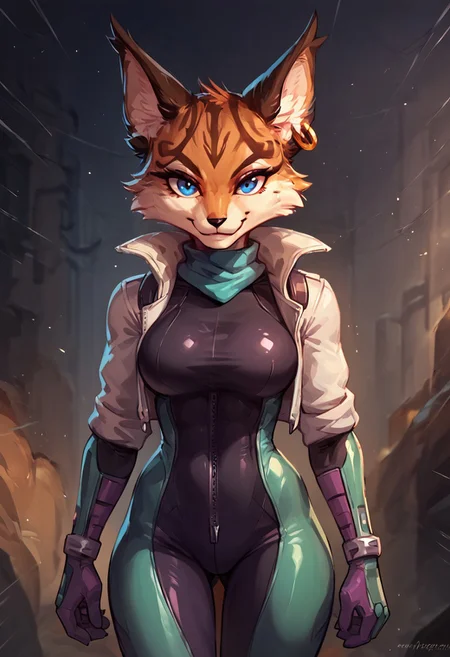 score_9, score_8_up, score_7_up, high quality, 1girl, Anthro creature ,Miyu Swift,standing,soft smile,bodysuit,only bodysuit,zipped up,looking at viewer