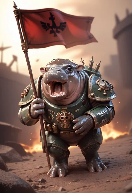 Score_9, score_8_up, score_7_up, masterpiece, best quality, ultra detailed, sinme_source, moo deng, solo, hippo, animal focus, open mouth, detailed face, ultra marine armor(warhammer 40,000), detailed armor, battlefield, holding flag, dynamic lighting, explosions, dark lighting, full body, dynamic pose, text “Warhammer 40,000  Moo Deng” across top of image, ((video game cover))