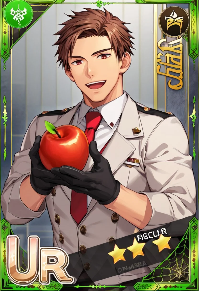 Aacards, solo, bara, muscular male, smile, short hair, shirt, 1boy, holding, jacket, text sr, sr, detail text, 5starts, Aacards, solo, open mouth, brown hair, red eyes, gloves, 1boy, holding, brown eyes, male focus, food, necktie, black gloves, fruit, holding food, red necktie, card (medium), apple, holding fruit