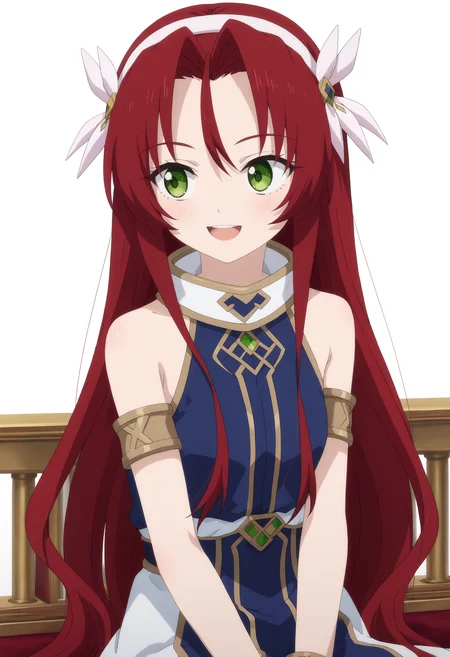 <lora:Tolcheila Solgest:1>,Tolcheila Solgest,solo,long hair,red hair,green eyes,open mouth,sitting,smile,bare shoulders,hairband,hair ornament,looking to the side,:3,simple_background,white_background