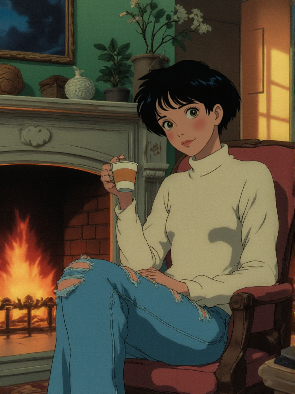 anime style, cartoon scenery, a woman, black pixies haircut.  She wears a white turtleneck and ripped jeans. she sits on a chair in a living room. She holds a hot coffee cup. She is next to a fireplace.  <lora:Anime_style:0.9>