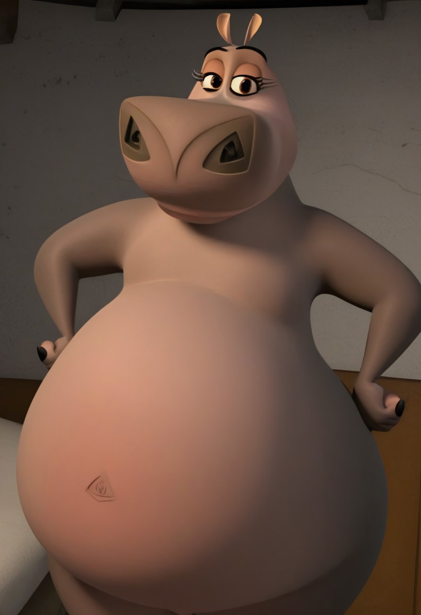 gloria, hippo, female, 3D, fat, eyelashes, big snout, gray skin, round belly, belly botton, hands on hips, looking at viewer, black eyelashes, smile, standing, short legs, round belly, arm fat, black fingernails,