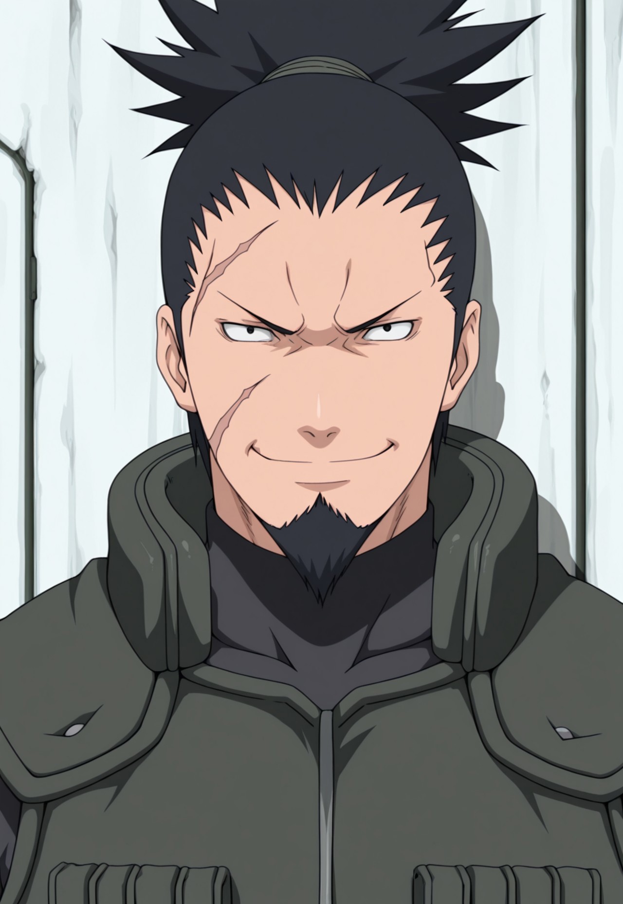 solo, masterpiece, modern, new, 1boy, male, masculine face, daddy looking face,

NarutoShikaku, black hair, ponytail, scar, beard, vest, looking at viewer, headshot, smiling
