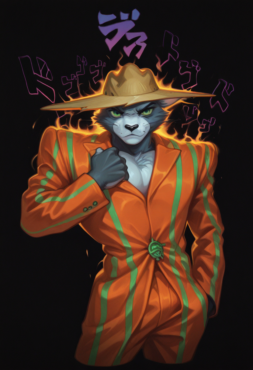 masterpiece, best quality, Graphic Design, color art, vibrant colors, colorful, intricate details, high contrast, detailed background, beautiful detailed, beautiful face, detailed eyes, detailed face, new, newest, z00tt0m, 1boy, solo, male focus, furry, cat, yellow sclera, green eyes, grey fur, whiskers, hat, formal, suit, striped jacket, striped pants, simple background, black background, cowboy shot, dynamic pose, orange aura, menacing, looking at viewer, serious face, g10rn0, pulling own clothes, jojo pose,